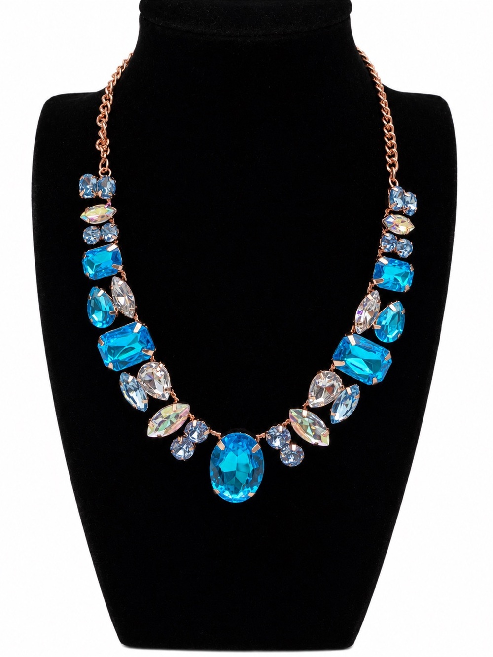 Rose-Gold Chain Blue Crystal Statement Necklace